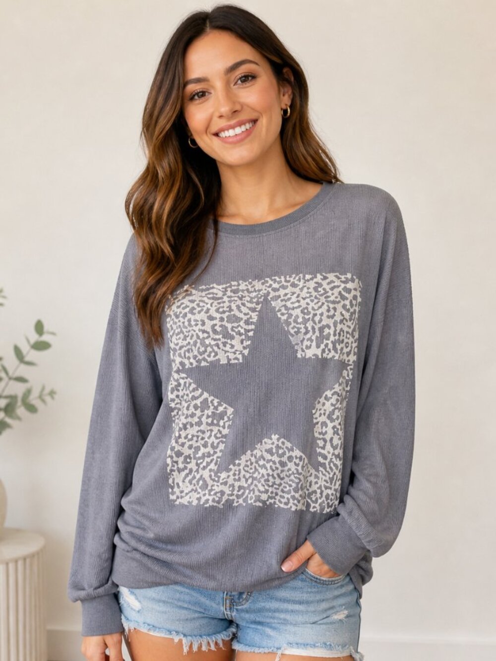 Blue Gray Star Graphic Sweatshirt White Leopard Print Relaxed Chic Lounge Top L